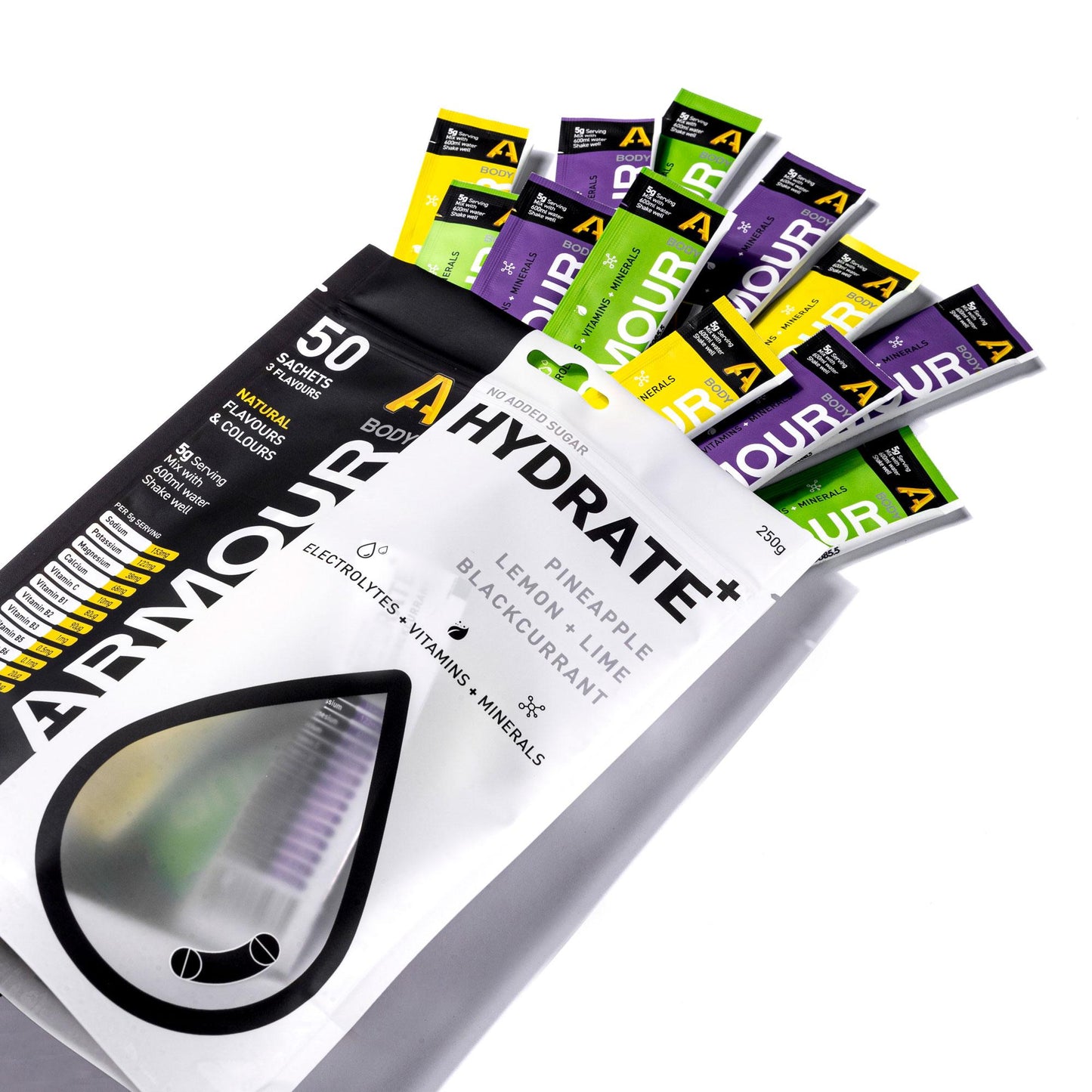 Assorted Armour Hydrate packets on a white background
