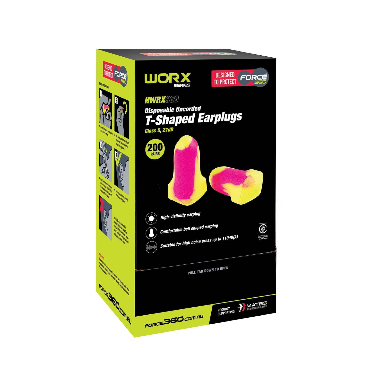 Force 360 - T-Shpaed Uncorded Disposable Earplug Class 5, 27dB (200pr) - HWRX960