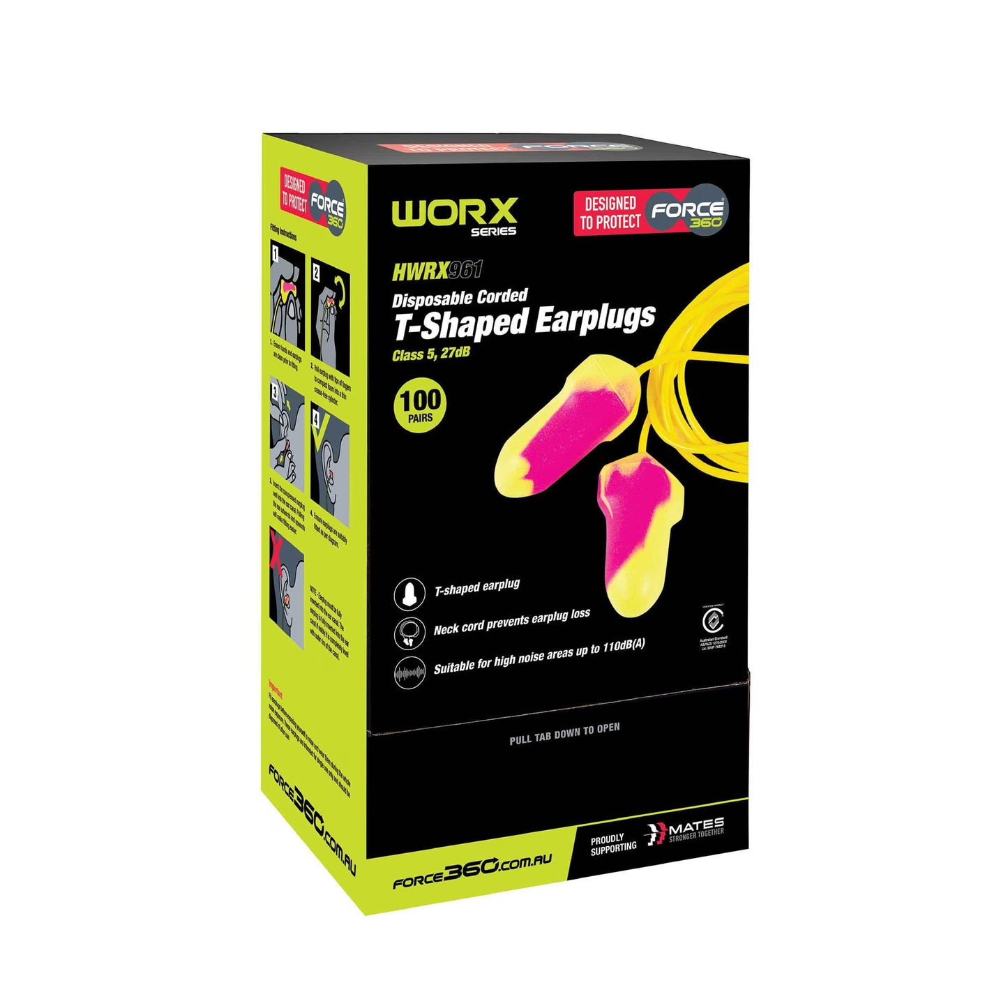 Force 360 - T-Shaped Corded Disposable Earplug Class 5, 27dB (100pr) - HWRX961