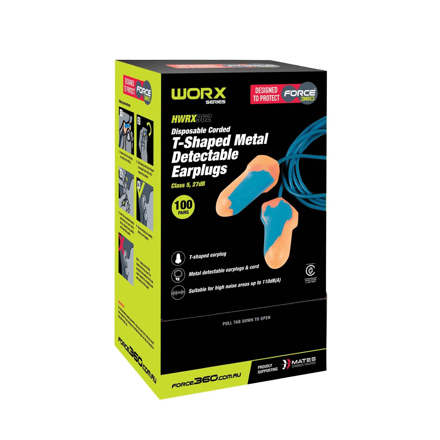 Force 360 - T-Shaped Metal Detectable Corded Disposable Earplug (100pr) - HWRX962