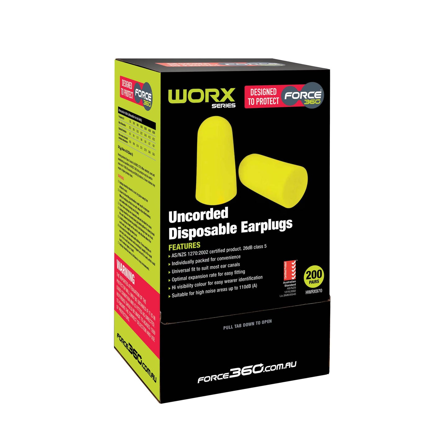 Force 360 - Bullet Shaped Uncorded Disposable Earplug, Class 5, 26dB 200pr - HWRX970