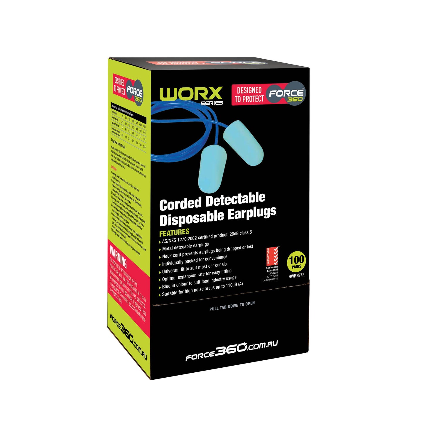 Force 360 - FoodSafe Metal Detectable Corded Disposable Earplug - HWRX972