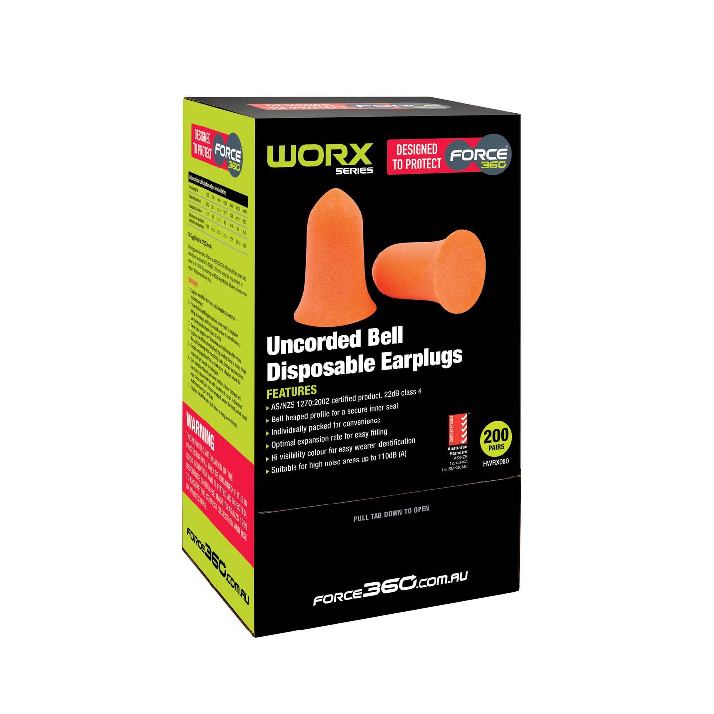 Force 360 - Bell Shaped Uncorded Disposable Earplug Class 4, 22dB 200pr - HWRX980