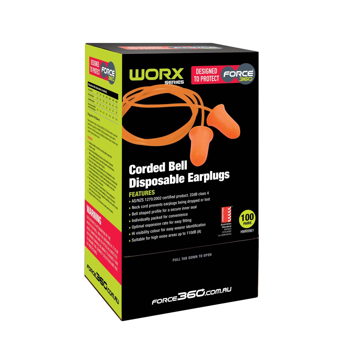 Force 360 - Bell Shaped Corded Disposable Earplug Class 4, 22dB 100pr - HWRX981