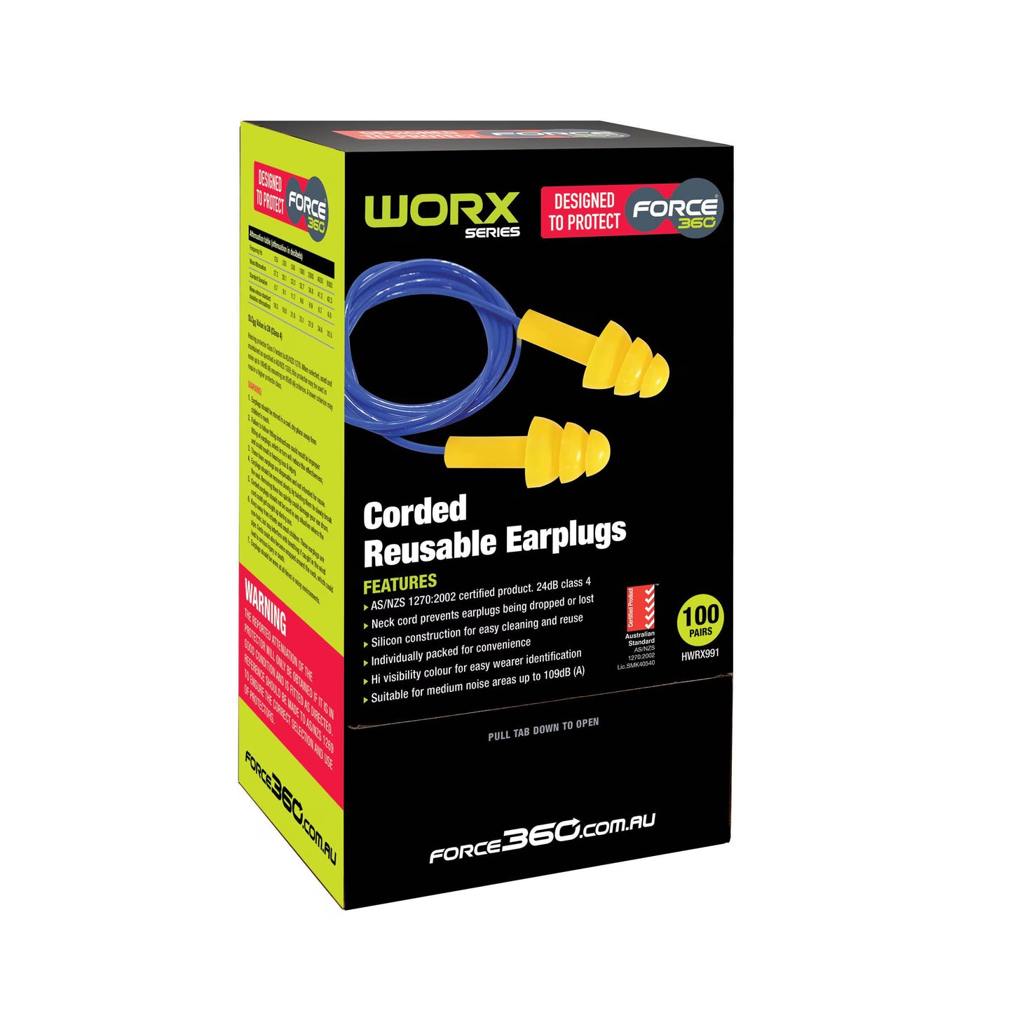 Force 360 - Silicone Corded Reusable Earplug Class 4, 24dB 100pr - HWRX991