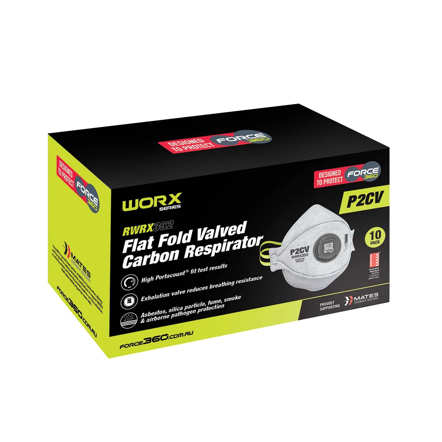 Force 360 - P2CV Flat Fold Valved Carbon Respirator (10 Box) - RWRX352