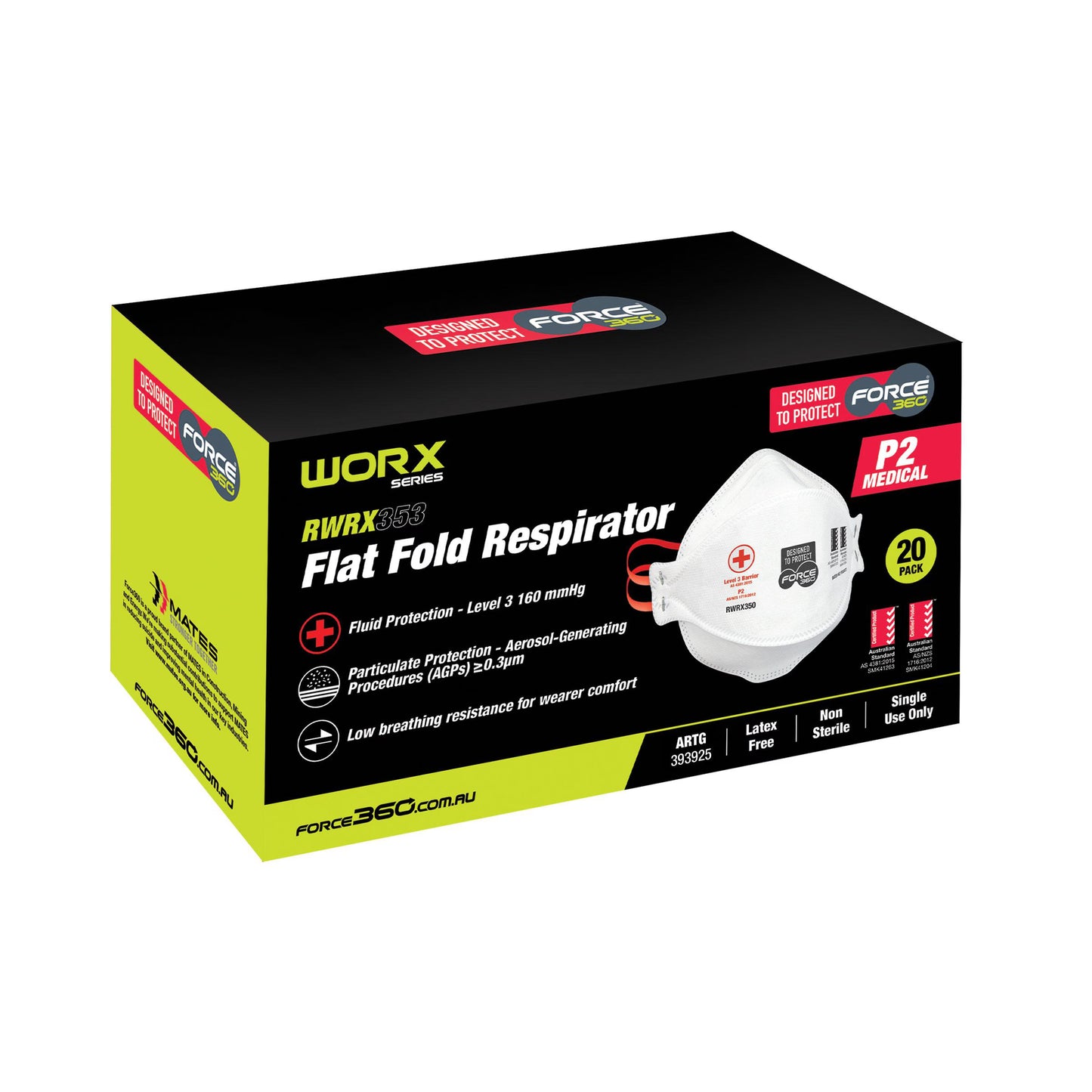 Force 360 - P2CV Flat Fold Valved Carbon Respirator (20 Pack) - RWRX353