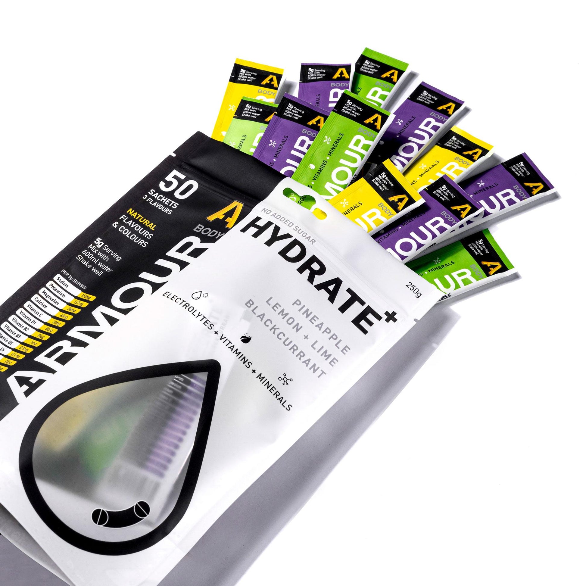 Assorted Armour Hydrate packets on a white background