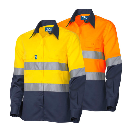 Two high-visibility work shirts in yellow, orange, and navy with reflective stripes on a white background.
