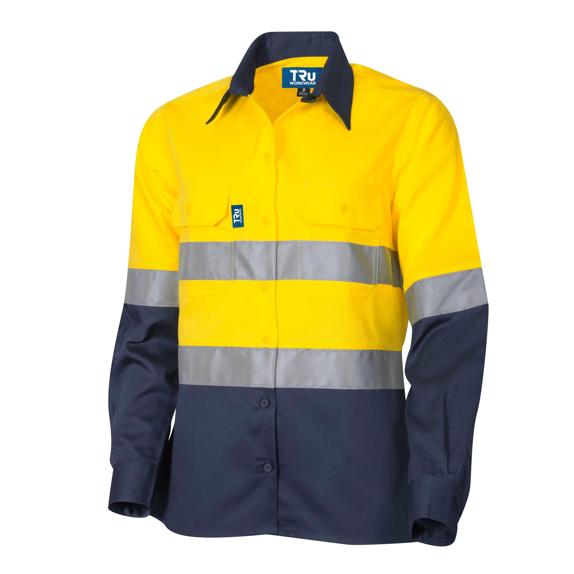 Yellow and navy work shirt with reflective stripes on a white background