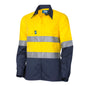 Yellow and navy work shirt with reflective stripes on a white background