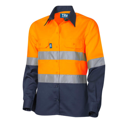 Orange and navy safety shirt with reflective stripes on a white background
