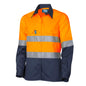 Orange and navy safety shirt with reflective stripes on a white background
