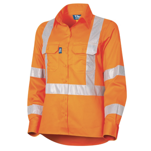 Orange high-visibility work shirt with reflective stripes on a white background