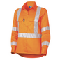 Orange high-visibility work shirt with reflective stripes on a white background